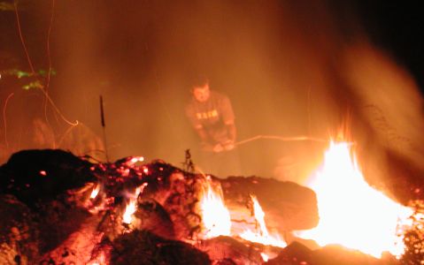 Roasting hotdogs in bonfire