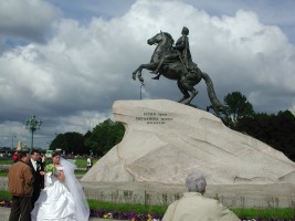 Bride and groom under the Bronze Horseman