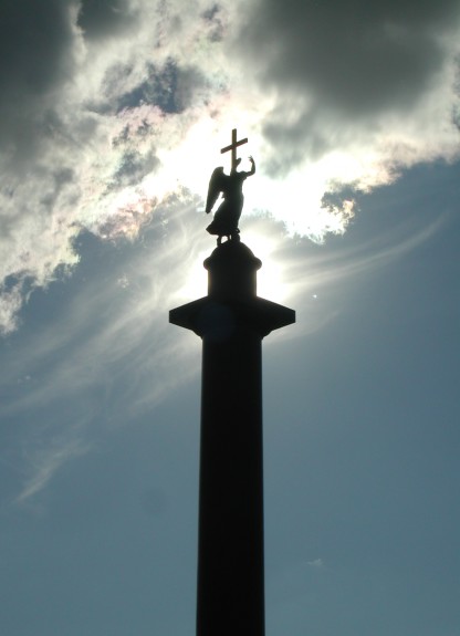 Backlit angel on the Alexander Column in Palace Square